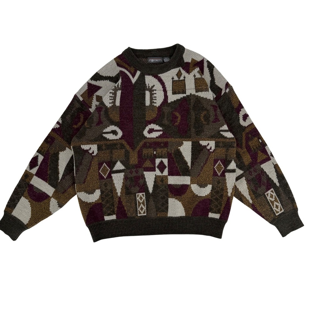 JT Beckett Vintage Mens XLT Abstract Geometric Knit Crewneck Sweater Olive Green - Picture 2 of 10